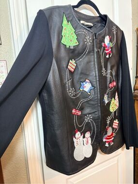 Nygard Limited Edition 2011 Christmas Leather Knit Jacket Santa Snowman Large L